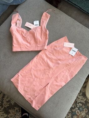 Pink Two-Piece Midi Skirt Set — Cropped Bustier Top and High-Waist Midi